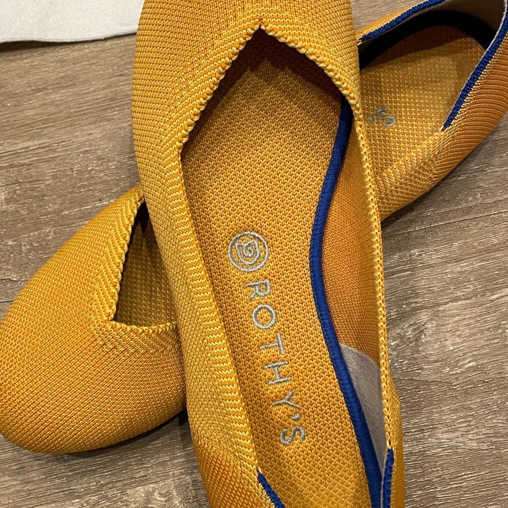 Rothy's Mustard Yellow Flats with Blue Trim